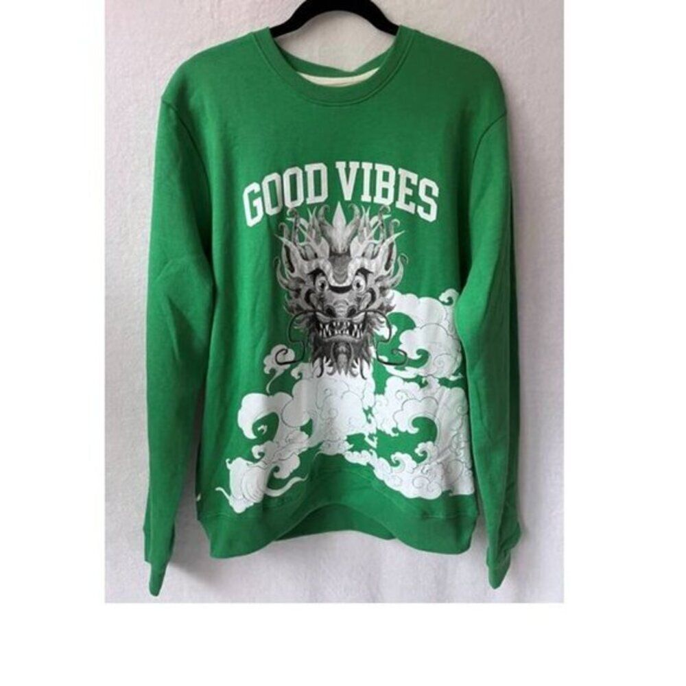 Men's Cotton Sweater Dragon Graphic Athletic Dept Good‎ Vibes Green Large